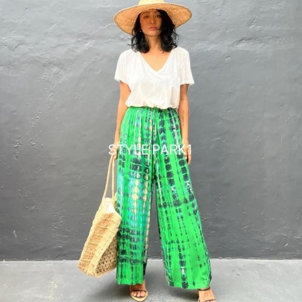 Style Park 1 Green Blue Tie‎ Dye Wide Leg Resort Pants Palazzo Bohemian